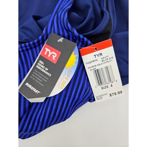 New TYR Monroe Aqua ControlFit Swimsuit Womens 8 Navy Blue Stripe Bathing Suit - Picture 6 of 7